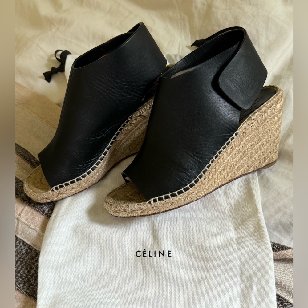 Celine Black Leather Wedge Espadrille + Duster